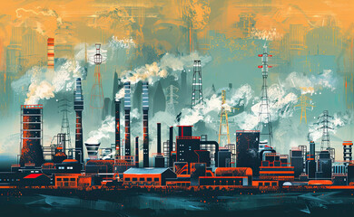 Industrial site or zone with factories, manufacturing plants, power stations, illustration