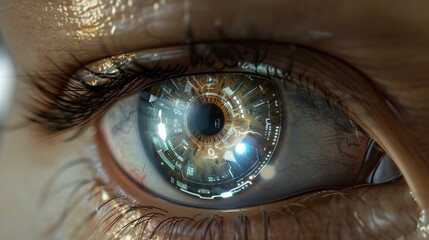 Human eye with virtual hologram for surveillance, digital ID verification, Lasik correction