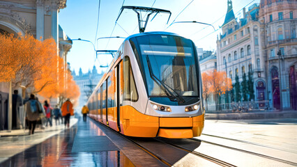 Modern tram navigating through the urban street in autumn day. Concept of eco-friendly public transport city life and sustainable mobility tramway transportation - obrazy, fototapety, plakaty