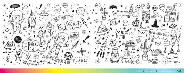 Vector illustration of Doodle cute for kid, Hand drawn set of cute doodles for decoration,Funny Doodle Hand Drawn, Summer, Doodle set of objects from a child's life,Cute animal
