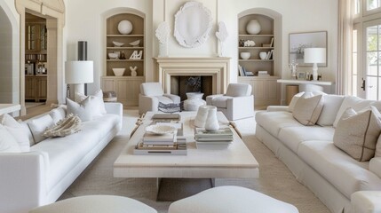 Fototapeta na wymiar House beautiful design, stylish living room in natural white and beige, contemporary home interior