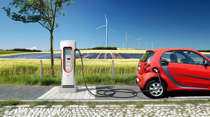 red EV car charge battery at clean charging station which energy from wind turbine and solar panel technology renewable and alternative power for electric car, clean and ecological concept