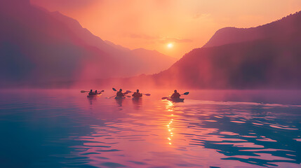 Silhouettes of kayakers glide across a serene lake, basking in the warm glow of a misty mountain sunrise