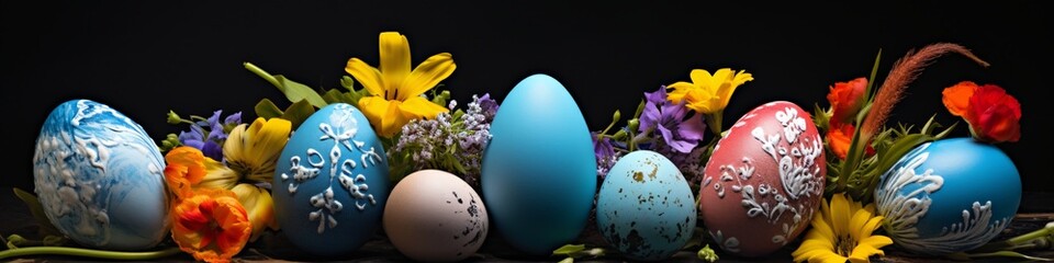 Obraz na płótnie Canvas an arrangement of easter eggs on a dark background and flowers