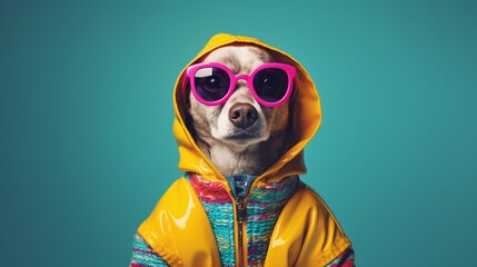 Dog wearing sunglasses dressed with colorful funny clothes