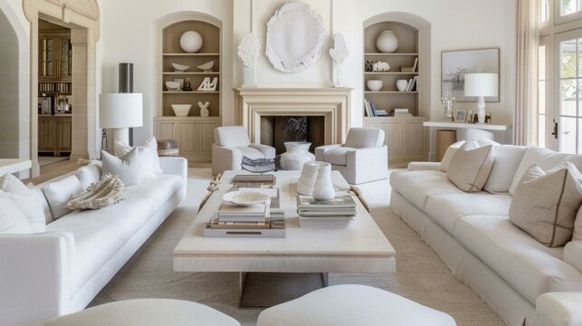 House beautiful design, stylish living room in natural white and beige, contemporary home interior