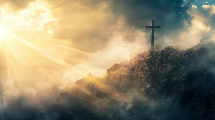 Fotobehang Holy cross over Golgotha Hill, light and clouds background, symbolizing Jesus Christ's resurrection © Seksan