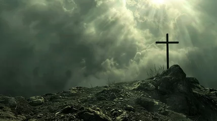Foto op Plexiglas Holy cross over Golgotha Hill, light and clouds background, symbolizing Jesus Christ's resurrection © Seksan