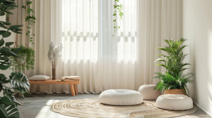 A serene indoor space with lush green plants and natural sunlight, embodying tranquility.