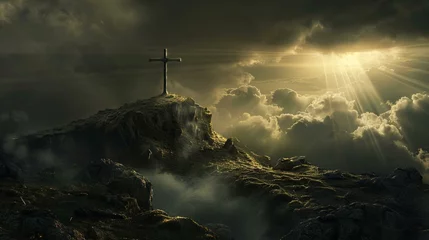 Fototapeten Holy cross over Golgotha Hill, light and clouds background, symbolizing Jesus Christ's resurrection © Seksan