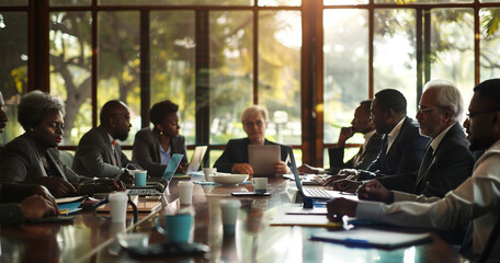 A group portrait of diverse business professionals engaged in a brainstorming session, sitting around a conference table with laptops, notepads, and coffee cups - obrazy, fototapety, plakaty