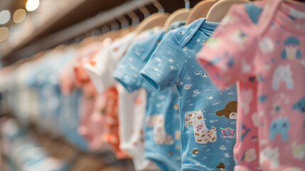 Fototapeta na wymiar baby bodysuits on hangers in a store