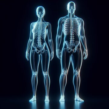 Transparent glass form of human body with skeleton visible
