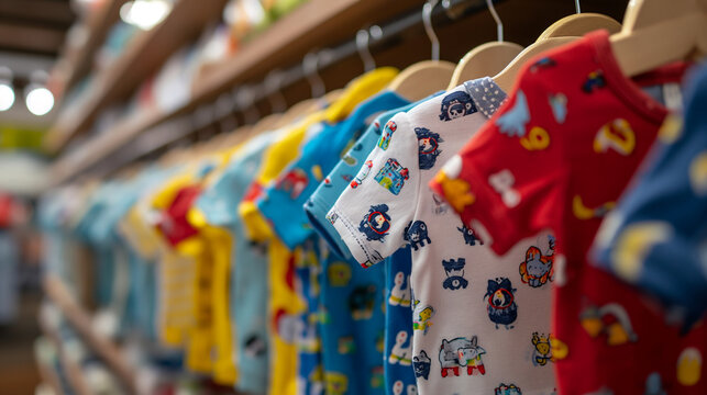  baby bodysuits on hangers in a store