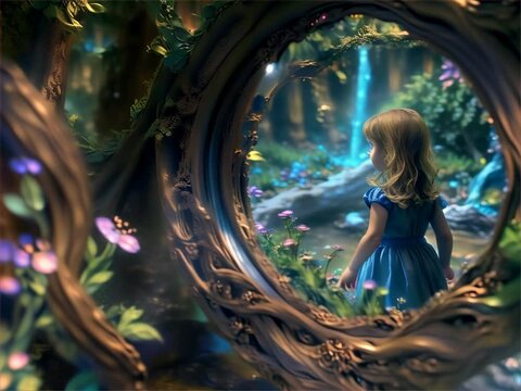 Young-Girl-Encounters-Mystical-Forest-Through-Magical-Portal, A young girl stands at the threshold of a magical portal, peering into a mystical forest, inviting the viewer to imagine the wonders