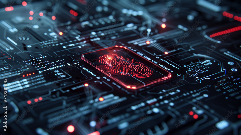 Aufkleber biometric fingerprint scan on a cyber circuit board highlighting security technology.