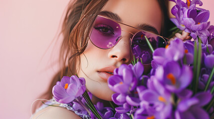 Close up photo of pretty cheerful lady with crocus isolated on purple color background