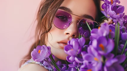 Foto op Plexiglas Close up photo of pretty cheerful lady with crocus isolated on purple color background © ksu_ok