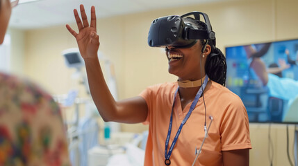 Patient using virtual reality gear for physical rehabilitation in a medical clinic.
