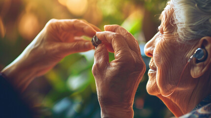 Hands adjusting a hearing aid for an elderly person, illustrating care in enhancing quality of life, helping hands, care for the elderly, blurred background, with copy space - obrazy, fototapety, plakaty