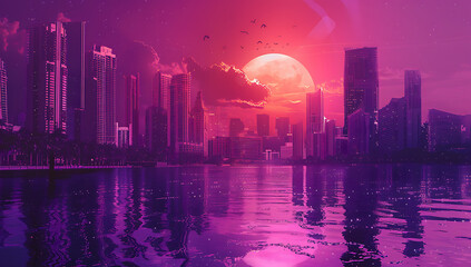 with a purple background this has a futuristic city w