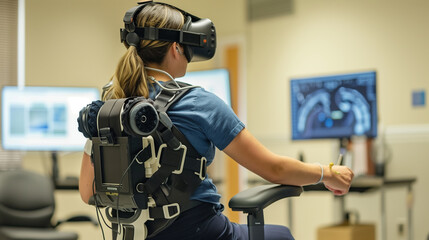 Patient using virtual reality gear for physical rehabilitation in a medical clinic.