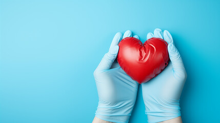 Hand in medical gloves in shape of heart on blue background