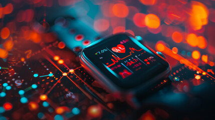 Close-up of a smartwatch on a wrist, displaying heart rate and health monitoring data.
