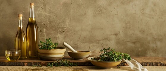 Golden olive oil and vinegar bottles, thyme, aromatic herbs, Mediterranean food menu setup