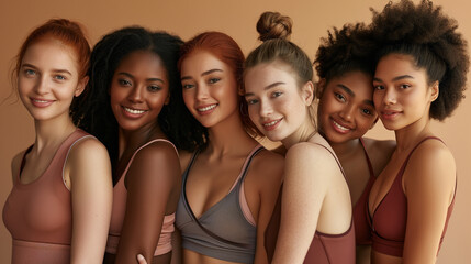 Fototapeta premium Beauty, diversity and portrait of women happy with makeup for cosmetic skincare isolated in studio brown background.