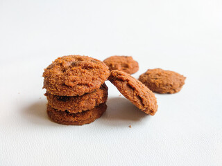 A group of chocolate chips cookies on white background