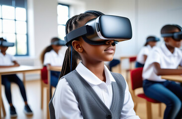 Smart curious schoolgirl pupil with VR glasses googles studying the neural connections of the brain in a classroom at school. Simulation science. Student uses a virtual reality headset to study  - obrazy, fototapety, plakaty