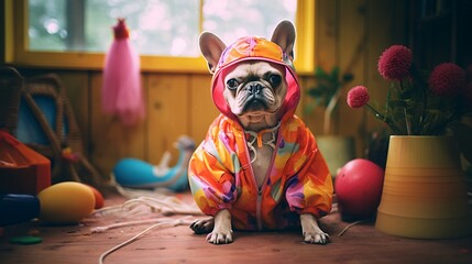 bulldog dressed with colorful funny clothes