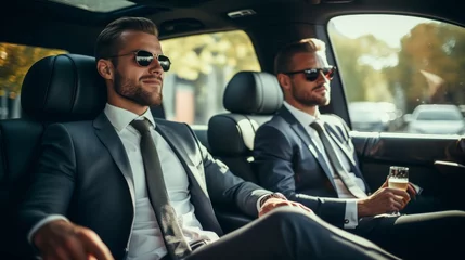 Foto op Canvas Two businessmen in suits and sunglasses are sitting in the back seat of a luxury car. They are drinking champagne and looking out the window. The car is driving through a city street. © Helen-HD