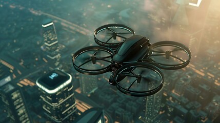Futuristic roto passenger drone flying over city, future air transportation concept