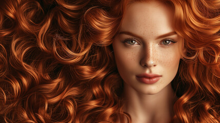 Redhead girl with long and shiny wavy red hair . Beautiful model with curly hairstyle - obrazy, fototapety, plakaty