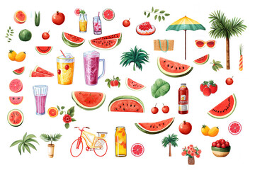 a set of pictures on a white background on a summer theme with fruits, drinks and flowers.