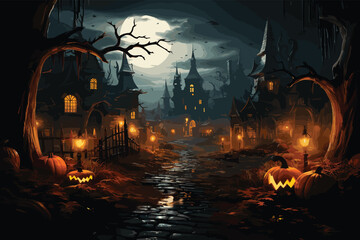 A dark manor, haunted castle, abandoned house in the night with a giant moon and orange light coming from the windows. Dark background, bats flying, halloween atmosphere. Painting, illustration