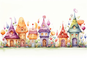 Fairy-tale houses of elves or forest wizards painted in watercolor on a white background. A fictional fairy-tale town. An illustration of a story about elves.