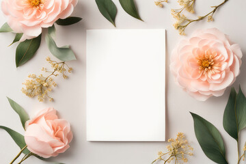 Blank paper wedding greeting card with flowers peach fuzz colors on of pastel background. - obrazy, fototapety, plakaty