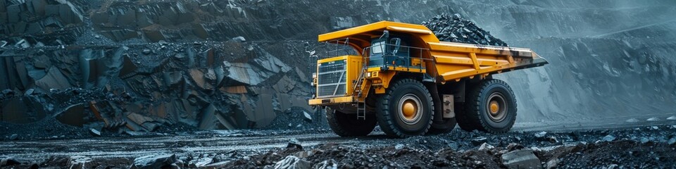 Large quarry dump truck. Big yellow mining truck at work site. Loading coal into body truck. Production useful minerals. Mining truck mining machinery to transport coal from open-pit production.