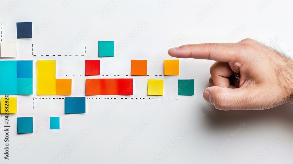Poster engaging in business strategy: hand pointing to activate functions in business plan or model canvas 