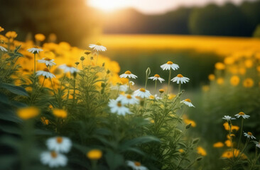 a field of white daisies on a sunny summer day. wild herbs and chamomile flowers in natural growth. medicinal herbs and flowers.  - obrazy, fototapety, plakaty