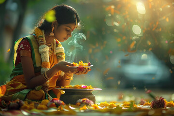 Praying young indian woman, Happy Ugadi greeting card - 747382866