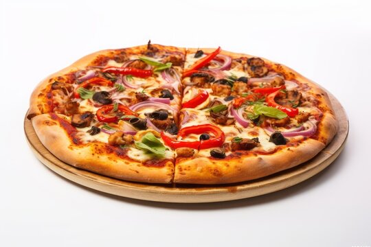 Tasty pizza on a marble slab against a white background