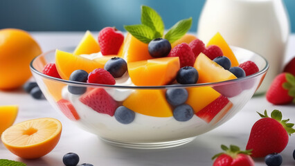 delicious multicolored fruit salad with yogurt and berries. fruits in proper nutrition. useful recipes from fruits and berries. fruit bowl of kiwi, strawberries, raspberries, blueberries, peaches.