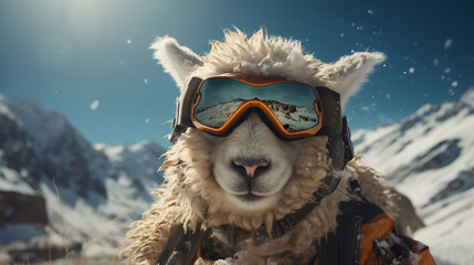 sheep in mountains. Skiing. Jumping skier. Extreme winter sports. - obrazy, fototapety, plakaty