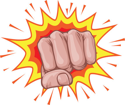 A fist hand punching in a comic book pop art cartoon illustration style. With an explosion in the background