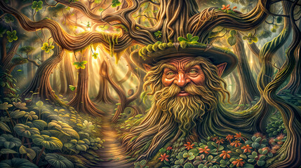 Enchanted forest scene with tree spirit resembling leprechaun, wearing hat adorned with clovers, amidst twisted trees and glowing sunlight filtering through.