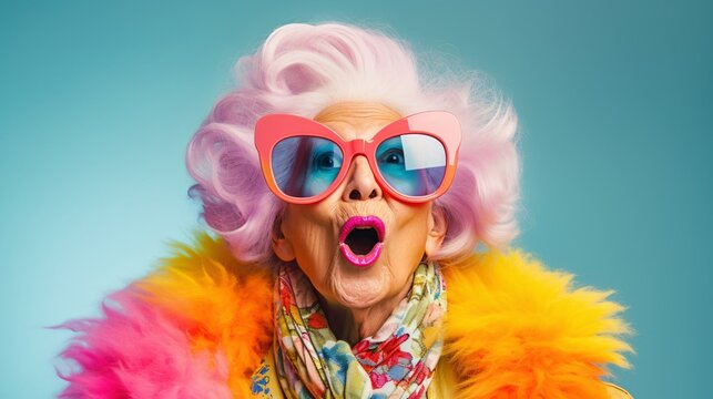 Naklejki Funny old elderly woman dressed with funny colorful clothes and sunglasses